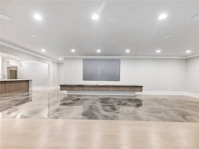 unfurnished living room featuring crown molding