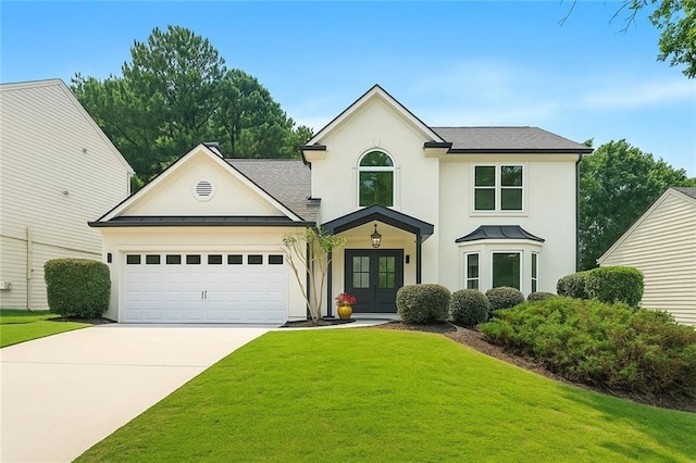 3684 Clearbrooke Way, Duluth, GA 30097 - traditional-style home featuring french doors, a standing seam roof, stucco siding, and a front lawn