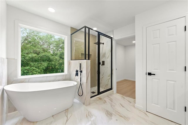 3684 Clearbrooke Way, Duluth, GA 30097 - bathroom with a marble finish shower, a freestanding tub, marble finish floors, and recessed lighting