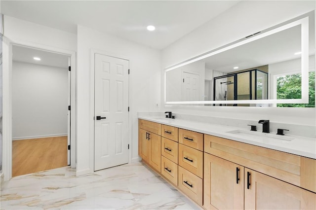 3684 Clearbrooke Way, Duluth, GA 30097 - bathroom featuring double vanity, a shower stall, recessed lighting, and marble finish floors