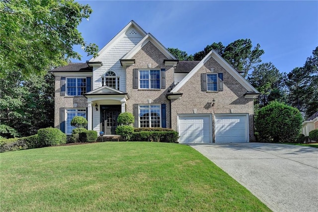 1723 Woodbow Path, Dacula, GA 30019 - view of front of house with driveway, brick siding, a front lawn, and a garage