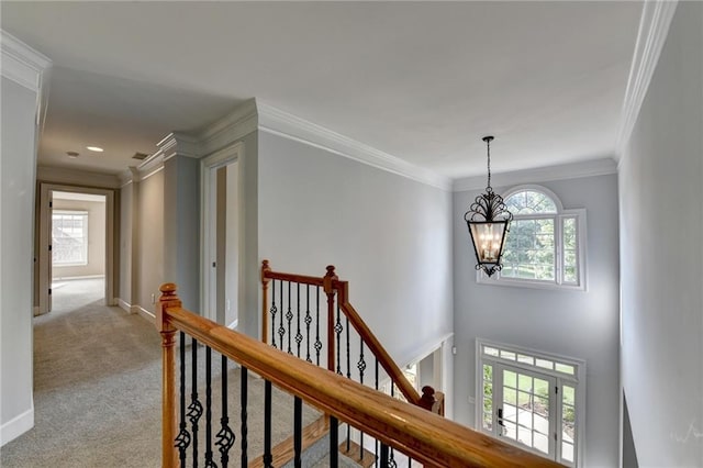 1723 Woodbow Path, Dacula, GA 30019 - hall featuring an upstairs landing, carpet flooring, a chandelier, and ornamental molding