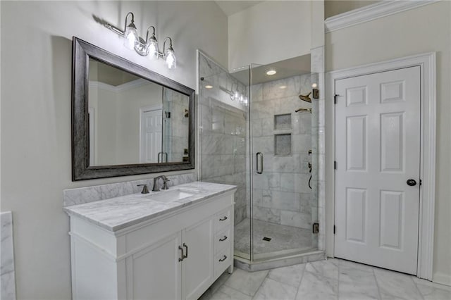1723 Woodbow Path, Dacula, GA 30019 - full bath featuring vanity, a shower stall, marble look tile flooring, and crown molding