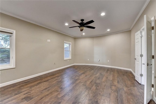 1723 Woodbow Path, Dacula, GA 30019 - unfurnished room featuring crown molding, dark wood-style flooring, ceiling fan, and recessed lighting