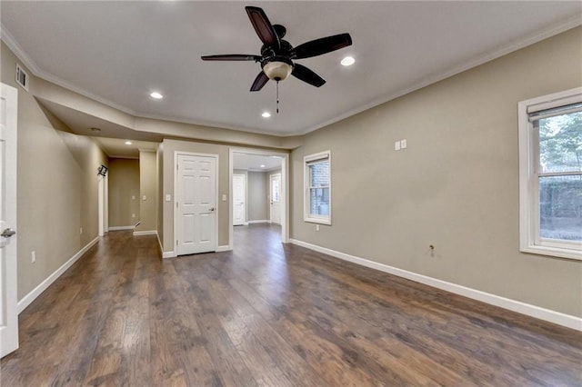 1723 Woodbow Path, Dacula, GA 30019 - unfurnished room with crown molding, dark wood-style flooring, a ceiling fan, and recessed lighting