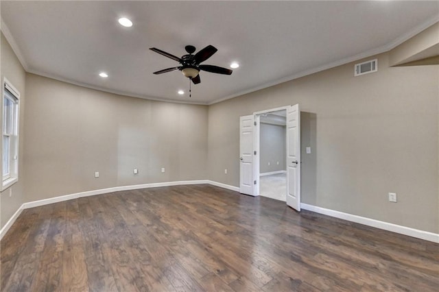 1723 Woodbow Path, Dacula, GA 30019 - unfurnished room with crown molding, ceiling fan, recessed lighting, and dark wood-type flooring