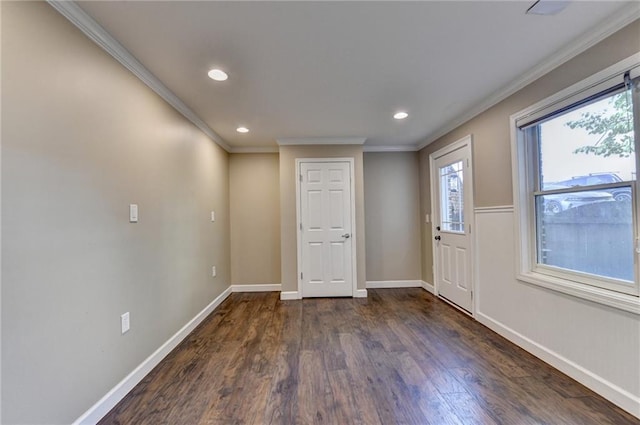 1723 Woodbow Path, Dacula, GA 30019 - entrance foyer with crown molding, dark wood finished floors, and recessed lighting