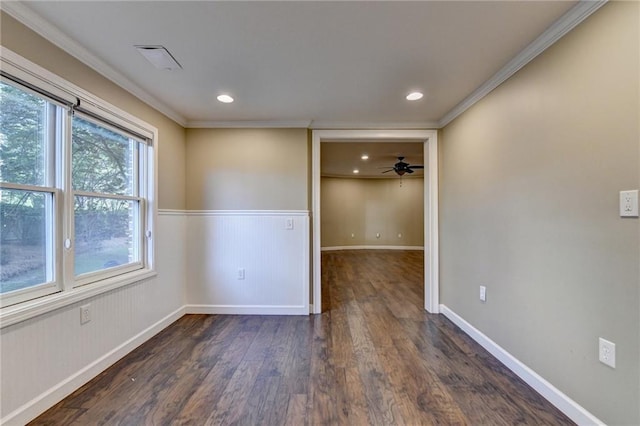 1723 Woodbow Path, Dacula, GA 30019 - empty room featuring dark wood-style flooring, ornamental molding, recessed lighting, wainscoting, and ceiling fan
