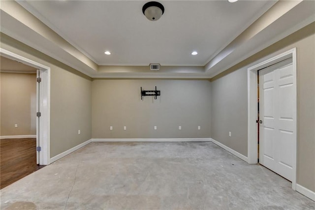 1723 Woodbow Path, Dacula, GA 30019 - spare room with a raised ceiling, ornamental molding, recessed lighting, and concrete floors