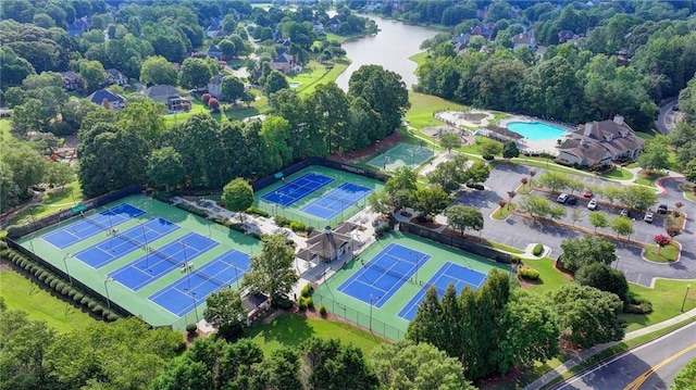 1723 Woodbow Path, Dacula, GA 30019 - aerial view of property and surrounding area featuring a large body of water and a pool