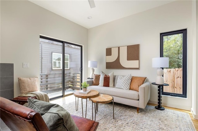 living room featuring ceiling fan and light hardwood / wood-style flooring