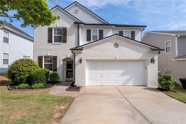 traditional home with brick siding, concrete driveway, an attached garage, and a front yard