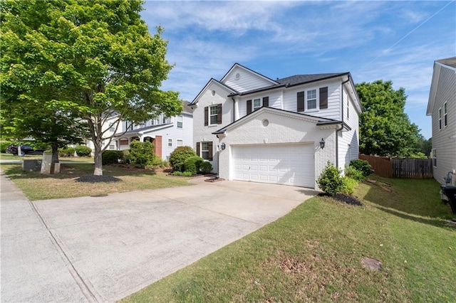 traditional-style house featuring concrete driveway, brick siding, and an attached garage