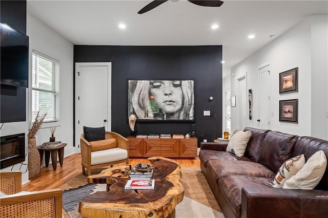 210 Locust St NE, Atlanta, GA 30317 - living room featuring recessed lighting, ceiling fan, and light wood-style flooring