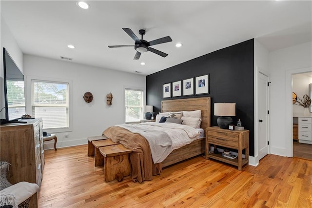 210 Locust St NE, Atlanta, GA 30317 - bedroom with ceiling fan, visible vents, baseboards, light wood finished floors, and recessed lighting