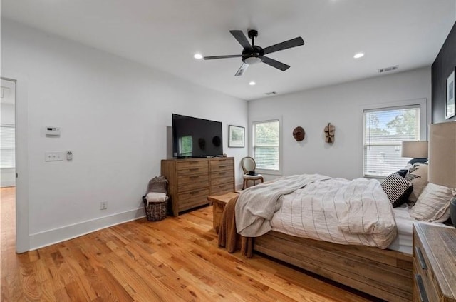 210 Locust St NE, Atlanta, GA 30317 - bedroom with visible vents, baseboards, recessed lighting, light wood-type flooring, and a ceiling fan