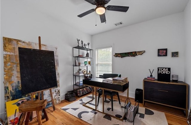 210 Locust St NE, Atlanta, GA 30317 - home office featuring ceiling fan, visible vents, and wood finished floors