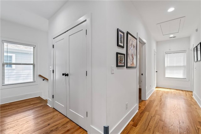 210 Locust St NE, Atlanta, GA 30317 - hall with baseboards, attic access, light wood finished floors, and recessed lighting