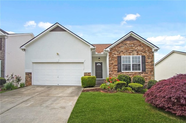 ranch-style house with a front yard, concrete driveway, an attached garage, stone siding, and stucco siding