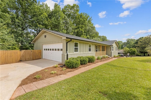 6142 Hutchins Dr, Buford, GA 30518 - ranch-style house featuring board and batten siding, driveway, an attached garage, brick siding, and a shingled roof