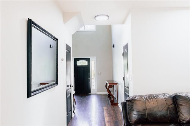 entryway with dark wood finished floors, a high ceiling, and baseboards