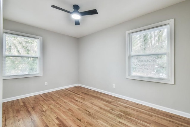 spare room featuring light hardwood / wood-style floors, ceiling fan, and a healthy amount of sunlight