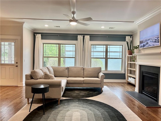 living area featuring healthy amount of natural light, crown molding, wood finished floors, baseboards, and a glass covered fireplace