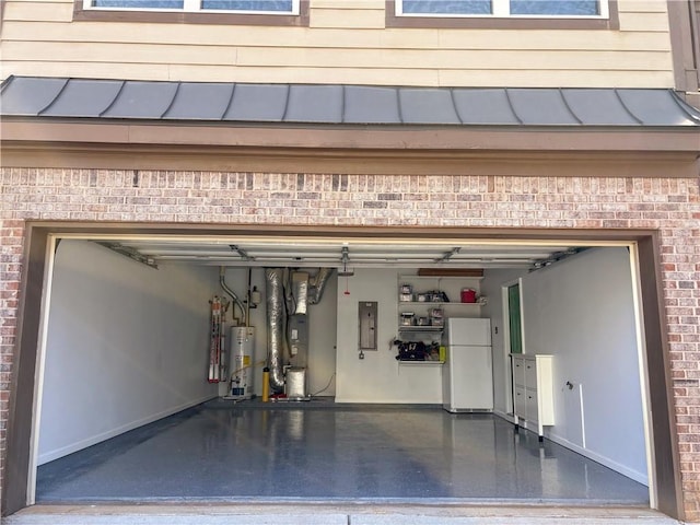 garage with freestanding refrigerator, electric panel, water heater, and heating unit