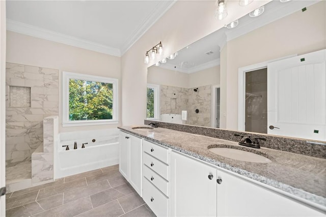 bathroom with vanity, shower with separate bathtub, and ornamental molding