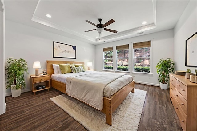 507 Bonneset Ct, Canton, GA 30114 - bedroom featuring a raised ceiling, recessed lighting, dark wood finished floors, ornamental molding, and ceiling fan