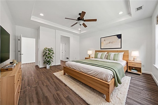 507 Bonneset Ct, Canton, GA 30114 - bedroom with a raised ceiling, dark wood-type flooring, recessed lighting, crown molding, and ceiling fan