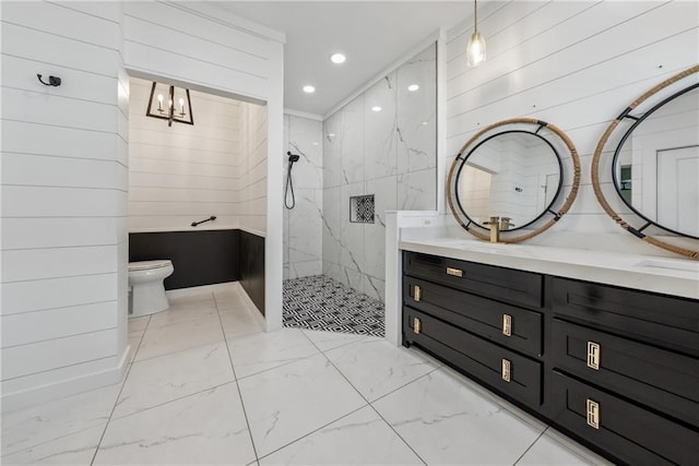 507 Bonneset Ct, Canton, GA 30114 - full bathroom with marble look tile flooring, double vanity, a marble finish shower, recessed lighting, and a chandelier