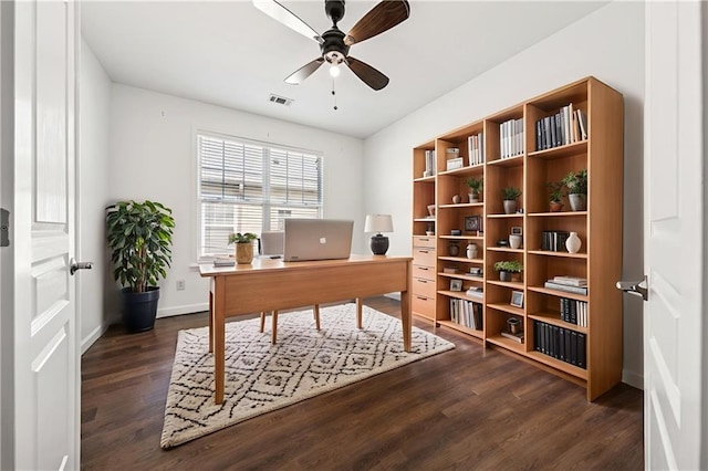 507 Bonneset Ct, Canton, GA 30114 - home office with dark wood-style floors and ceiling fan