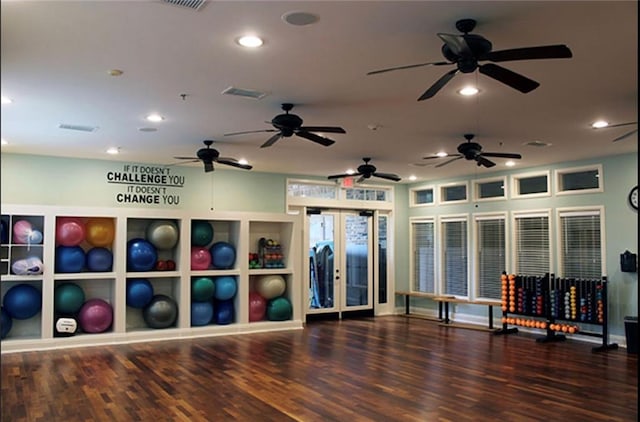 507 Bonneset Ct, Canton, GA 30114 - workout area featuring recessed lighting, wood finished floors, french doors, and a ceiling fan