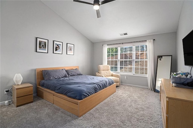 bedroom featuring visible vents, baseboards, carpet flooring, and vaulted ceiling