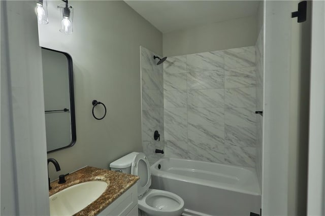 full bathroom with tub / shower combination, vanity, and toilet