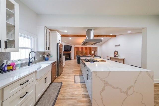 110 W Putnam Ferry Rd, Woodstock, GA 30189 - kitchen with ventilation hood, stainless steel appliances, light wood finished floors, a center island, and a sink