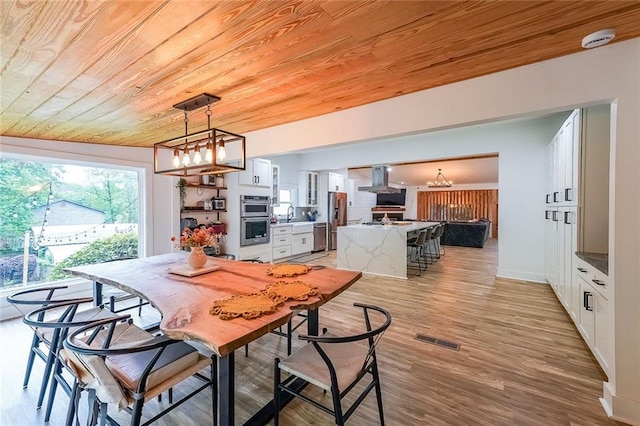 110 W Putnam Ferry Rd, Woodstock, GA 30189 - dining area with wooden ceiling, a chandelier, light wood finished floors, and baseboards