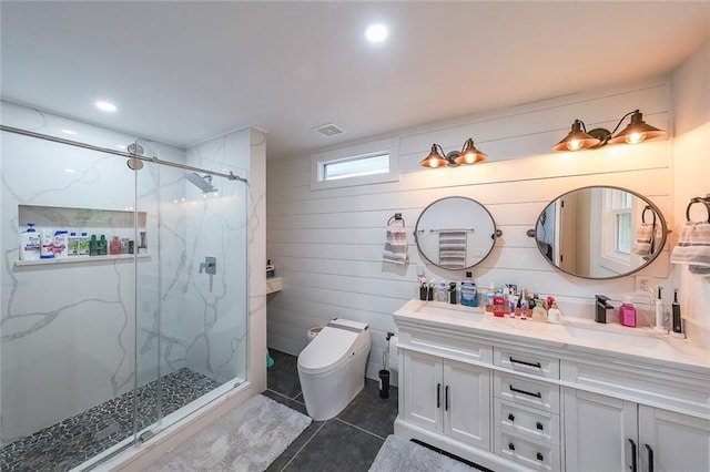 110 W Putnam Ferry Rd, Woodstock, GA 30189 - full bath with tile patterned floors, a marble finish shower, toilet, and double vanity