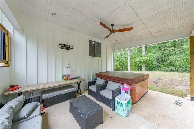 110 W Putnam Ferry Rd, Woodstock, GA 30189 - view of patio featuring a hot tub, ceiling fan, and outdoor lounge area