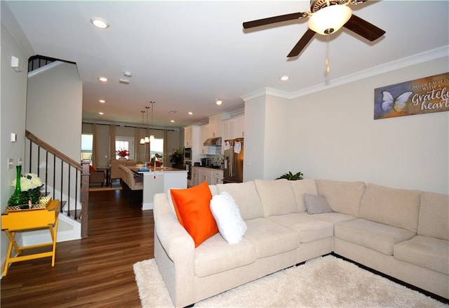 living room with ceiling fan, crown molding, and dark wood-type flooring