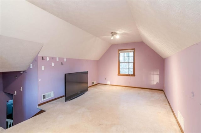 additional living space featuring vaulted ceiling, light colored carpet, and a textured ceiling