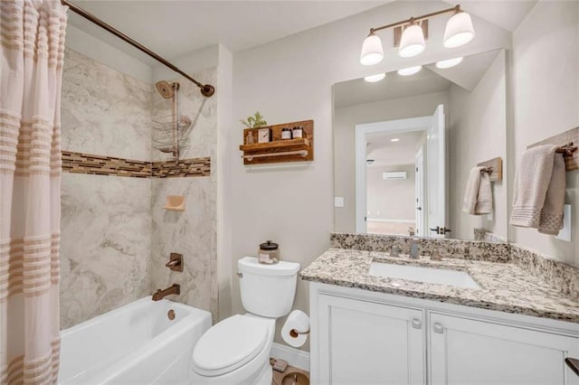 full bathroom featuring vanity, shower / bath combination with curtain, and toilet