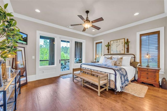 bedroom with access to exterior, wood-type flooring, ceiling fan, and ornamental molding