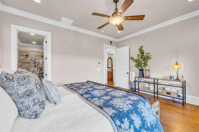 bedroom with hardwood / wood-style flooring, ceiling fan, and crown molding