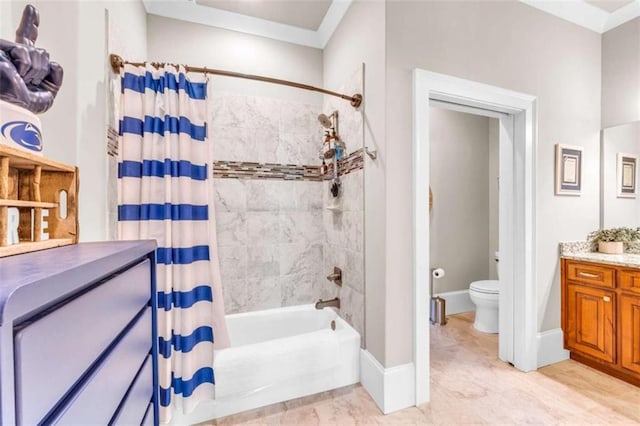 full bathroom featuring vanity, toilet, and shower / bathtub combination with curtain