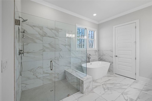 bathroom with marble finish floor, crown molding, recessed lighting, a stall shower, and a freestanding tub