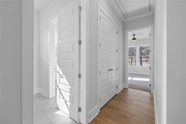 hall featuring baseboards, attic access, and light wood-style floors