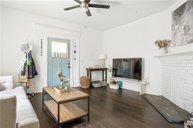 820 Elbert St SW, Atlanta, GA 30310 - living room featuring ceiling fan, wood finished floors, and a fireplace