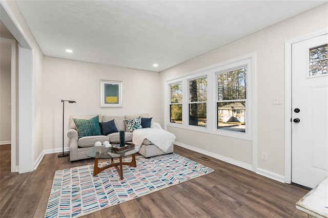 living area with dark wood-type flooring and plenty of natural light